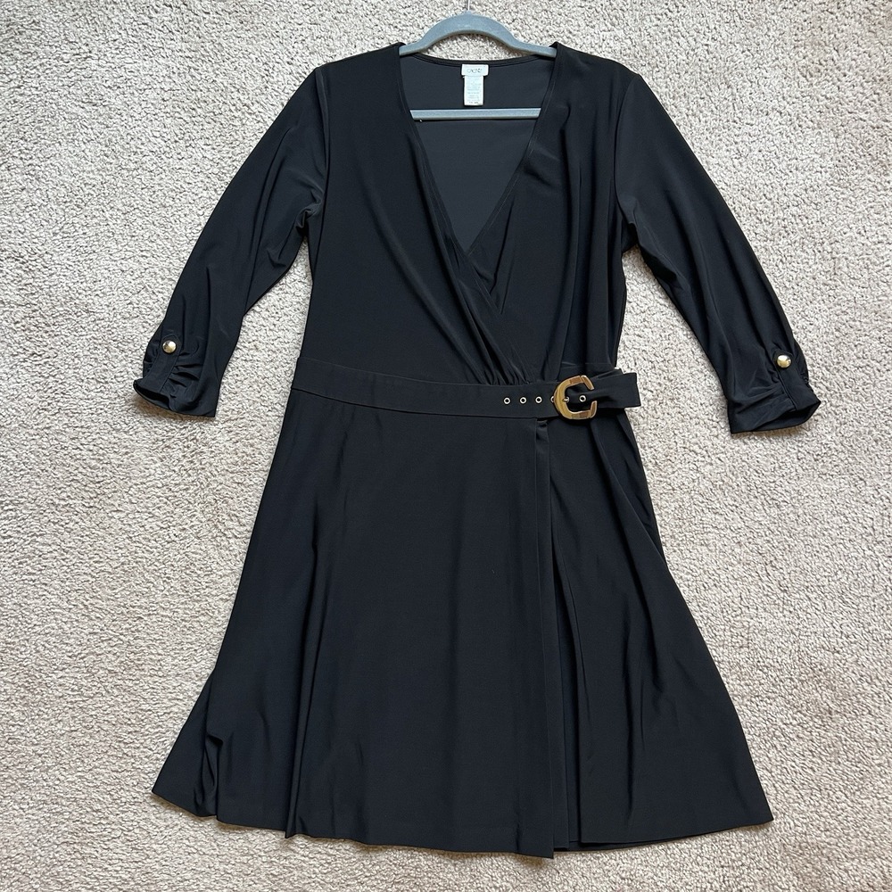 Cache True Wrap Black Knee Dress V-Neck Belted Gold Hardware 3/4‎ Sleeves Size L
